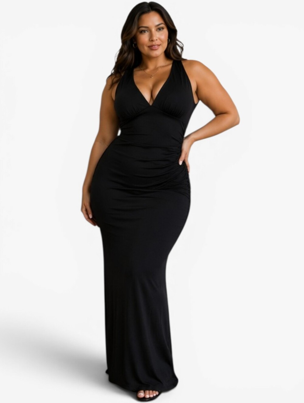 Shapellx Black Maxi Dress XXL Shapewear Bodycon Ruched Slimming V Neck Stretch